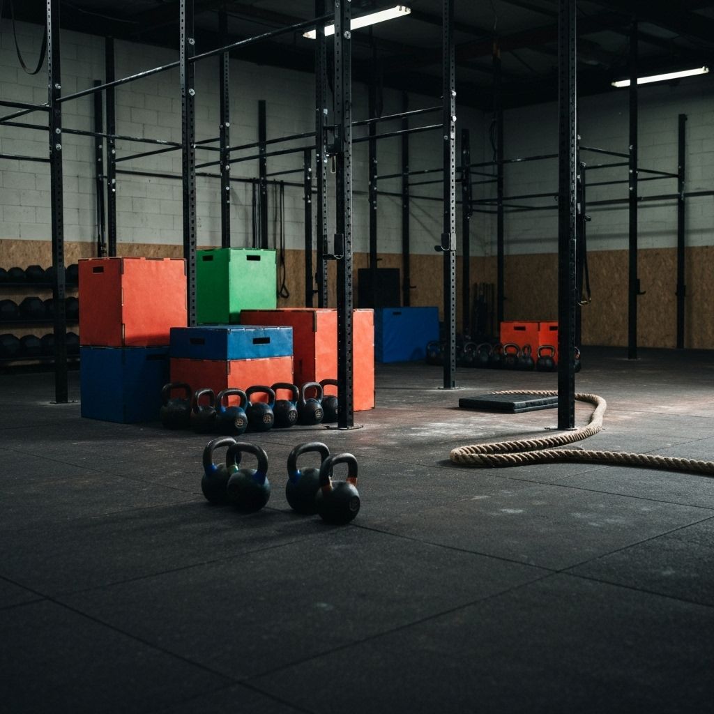 Kettlebells and boxes in a CrossFit space